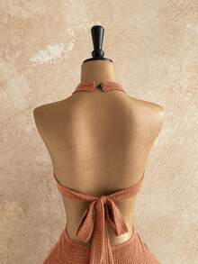 Soleia 新款度假风露背吊带镂空修身飘逸迷你连衣裙，波西米亚风，度假风，秋季女装，复古风，假日风 - 棕色 - 查看 7