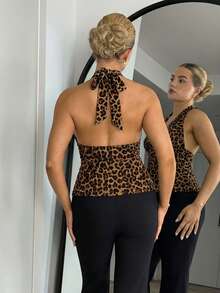 Bethéva Halter Deep V-Neck Cinched Waist A-Line Backless Vintage Style Tank Top - Multicolor - View 2