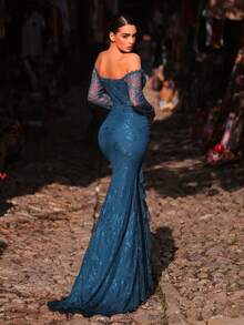 Aureia 优雅浪漫的朦胧蓝色露肩蕾丝边长袖透视腰部扭结装饰荷叶边鱼尾连衣裙，适合网红、约会、度假、单身派对、婚礼派对、正式晚宴（精致设计） - 霧霾藍 - 查看 4