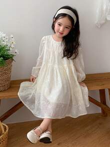 DAZY Đầm mùa hè dễ thương cho bé gái, cổ tròn, tay phồng, thêu họa tiết. - Màu be - Xem 7