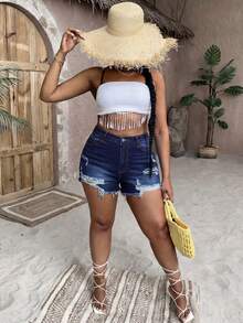 SHEIN PETITE CURVE Plus Size Women's Y2K High Waist Distressed Denim Shorts Dark Blue Ripped Frayed Hem Casual Summer Streetwear Plus Size Summer Casual Washed Distressed Denim Shorts - Dark Wash - View 5