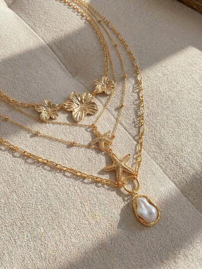 Resyla 4pcs Women's Vintage Creative Elegant Fashion Metal Flower Decor Baroque Faux Pearl Necklace Set, Ocean Style Starfish Pendant Multilayer Necklace Set