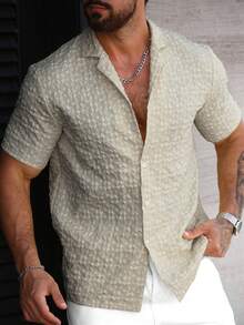 Manfinity Homme Camisa de manga corta con textura floral y un solo abotonado para hombres - Caqui - Ver 3