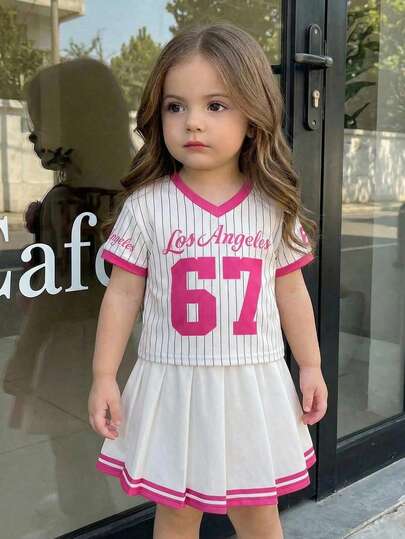 SHEIN 2件套女婴可爱运动风字母印花短袖T恤和松紧腰裙套装