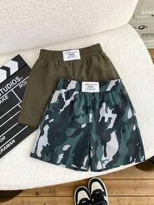 SHEIN Bộ 2 quần short rằn ri nam kiểu dáng thường ngày, chất liệu mềm mại, thoải mái, đa năng cho mặc hàng ngày, đi học, dã ngoại, thể thao, phù hợp cho mùa xuân, hè và thu. - xanh quân đội - Xem 5