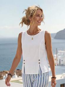 Faunlyn Women's Casual Plain Color Button Decor Split Hem Loose Sleeveless Blouse, Summer - White - View 5