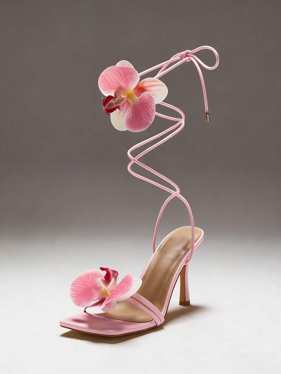 SHUZIA Giày sandal cao gót bằng satin buộc dây, họa tiết hoa quyến rũ dành cho nữ. - Hồng - Xem 1