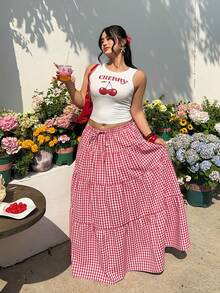 GalTyme 女士加大码樱桃印花圆领上衣和格子裙两件套 - 彩色 - 查看 8