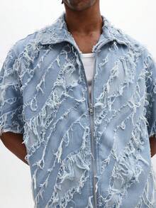 SUMWON Distressed Light Blue Denim Co-Ord Set Frayed Shirt And Shorts Two Piece Matching Outfit Summer Street Style - Blue - View 5