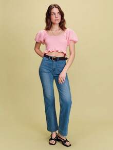 lacRébo Pink Crocheted Square Neckline Top With Short Puff Sleeves, Tied At The Back, For Spring And Summer Spring Summer French Style Parisian Style - Pink - View 5