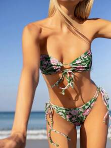 Swim Vcay 夏季沙滩纯色比基尼套装，交叉绑带后背文胸和重叠高腰泳裤两件式泳衣 - 彩色 - 查看 5