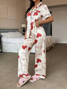 Dream Adore Heart Print Pocket Short Sleeve & Long Pants Women Pajama Set Pajamas Set Cherry Pajamas Set - White - View 4
