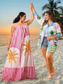 SHEIN CURVE+ Curve 尺码 US22 音乐节、海滨度假、波西米亚风 2026 春夏度假印花休闲衬衫，ins 风夏季/乡村/海滩度假/沙滩装 - 彩色 - 查看 4