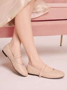 CUCCOO DOLLMOD Apricot Flat-Bottomed Commuter College Style Women's Fashion Simple Rhombus Pattern Shoes Women's Slip-On Versatile Ballet Shoes Mary Jane Spring Shoes - Pink - View 4