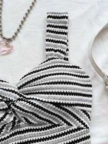 Soleia Women's Vacation Striped Twist Design Casual Spaghetti Strap Mid-Length Dress - Grey - View 5