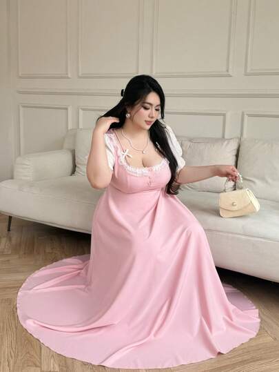 Vibekara Spring, Summer, Fall New Arrival Sweet Elegant Going Out Tops, Bow, Pink Fabric Patchwork Textured Fabric Lace Trim Decor Bubble Short Sleeve U-Neck Dress Women, Umbrella Hem Long Dress