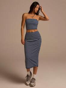 Fluxe 女士条纹露脐抹胸上衣和迷你裙休闲两件套 - 藍白色 - 查看 8