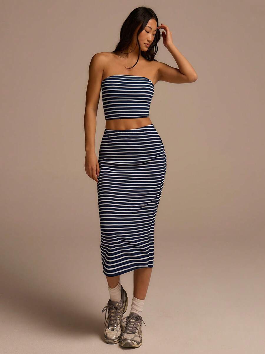 Fluxe Women's Striped Cropped Bandeau Top And Mini Skirt Casual 2 Pieces Set - Blue and White - View 1