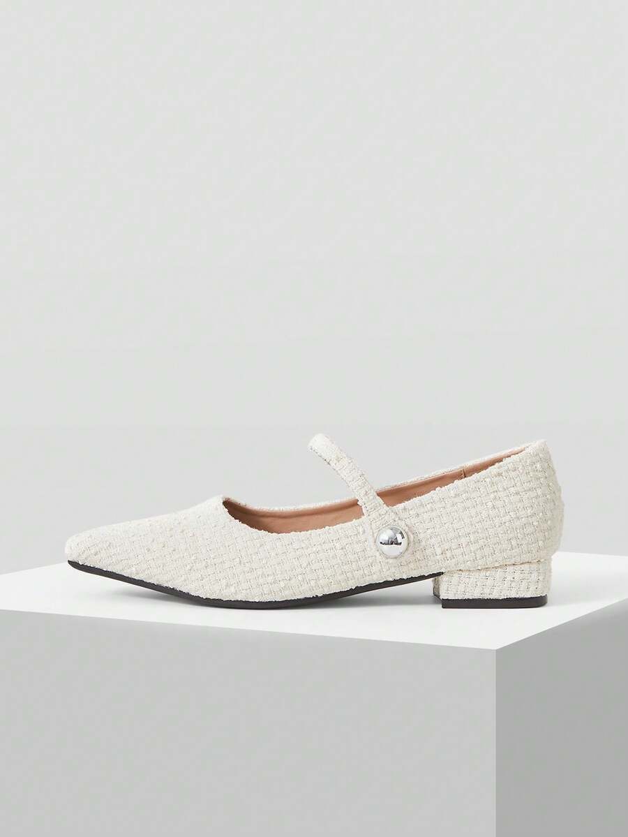 Mnmlis 女士新款灰色法式低跟尖头简约时尚羊毛玛丽珍鞋 - 糯米白色 - 查看 1