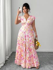 Elenzga 大码女士优雅休闲沙滩度假简约V领荷叶袖收腰显瘦长款印花连体裤 - 粉色 - 查看 1