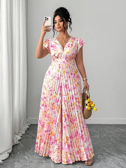 Elenzga Plus Size Women's Elegant Casual Beach Holiday Minimalist V-Neck Ruffle Sleeve Cinched Waist Slimming Long Printed Jumpsuit