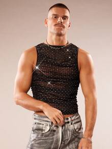 FeverCity Áo ba lỗ nam lưới xuyên thấu, áo ba lỗ nam cổ tròn không tay - màu đen - Xem 1