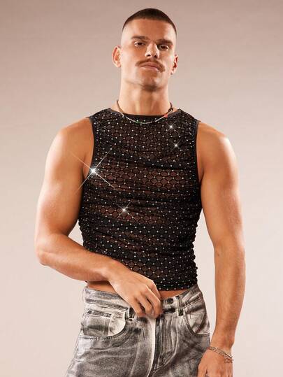 FeverCity Men's Mesh Sheer Flocked Tank Top, Men's Round Neck Sleeveless Tank Top