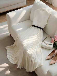 GlowEve 女士夏季梭织无弹力翻领半开襟无袖衬衫式褶裥腰部喇叭下摆时尚优雅百搭休闲沙滩办公长连衣裙杏色 - 杏色 - 查看 2