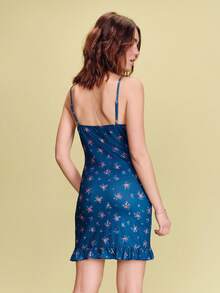 Blue Fitted Mini Dress With A Floral Print, Lace Trim, And A Small Ribbon Cute Vacation Dress Spring Summer French Style Parisian Style - Blue - View 2