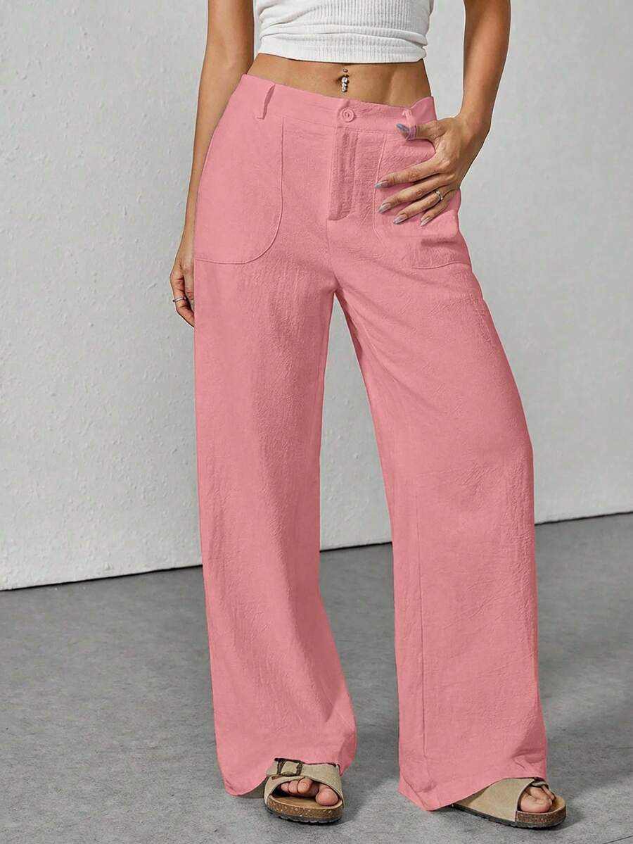 Washed Cotton Casual Solid Color Low-Waist Straight Leg Pants - Pink - View 1