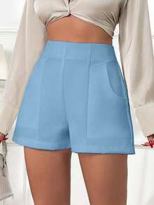 EURMUSE 女款白色高腰口袋短裤 136 - 淺藍色 - 查看 3