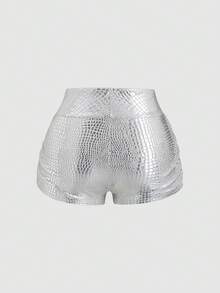 Sweetra 经典性感褶皱紧身短裤，酒红色纹理面料，适合圣诞派对，甜美又不失性感风格 - 銀色 - 查看 2