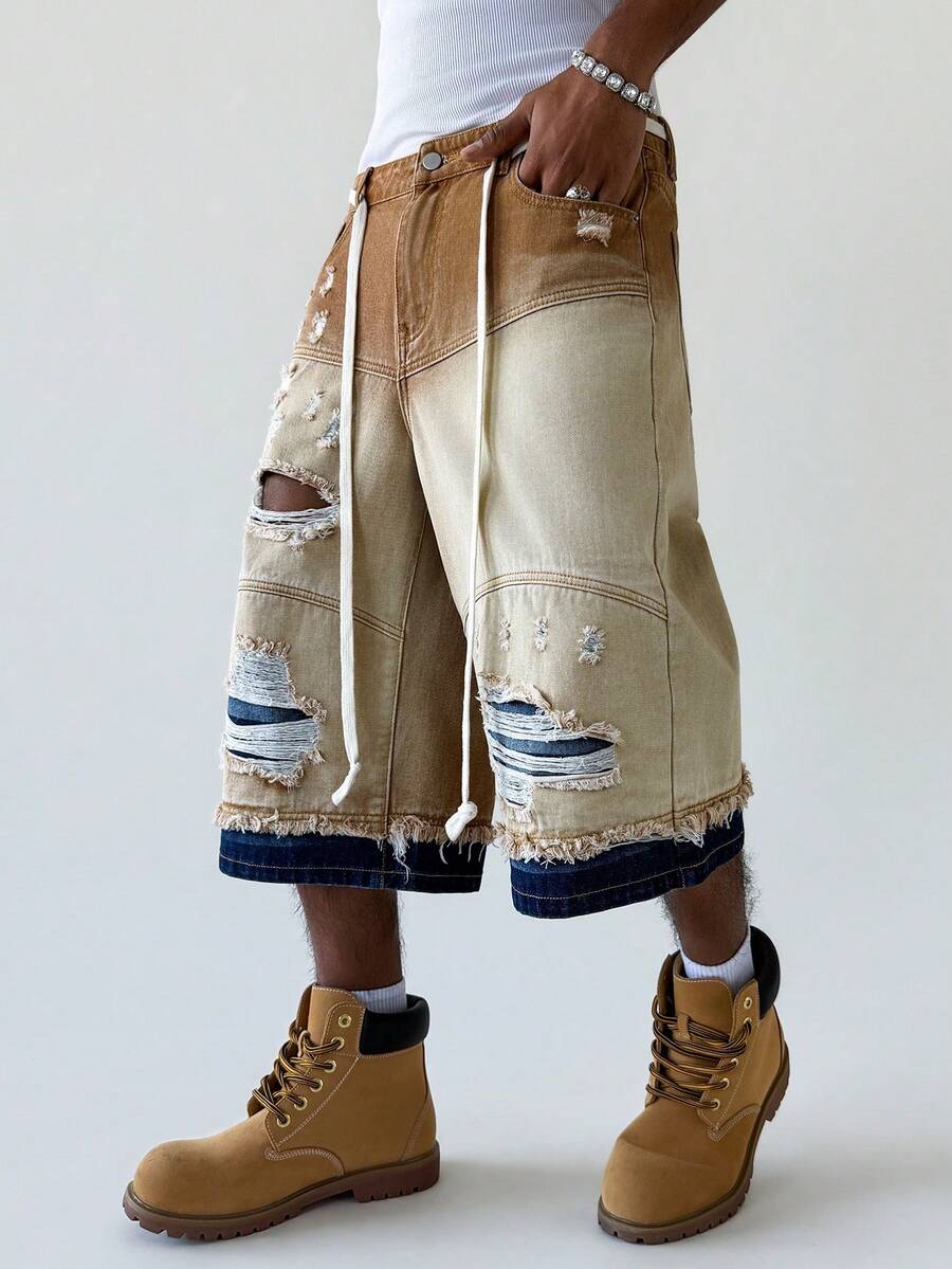 PAVTROS Men's Ripped Slant Pocket Drawstring Loose Fit Denim Shorts - Khaki - View 1