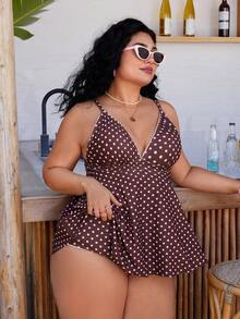 Swim Mod Plus Size Women's Polka Dot Print Deep V-Neck Ruffle Top Paired With Regular Trousers, Flattering Silhouette Beach Atmosphere Women's Swimwear Set - Multicolor - View 1