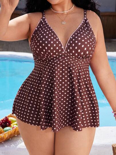 Swim Mod Plus Size Women's Polka Dot Print Deep V-Neck Ruffle Top Paired With Regular Trousers, Flattering Silhouette Beach Atmosphere Women's Swimwear Set