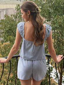 Livesso Sweet Striped Bow Decor Women's Pajama Set, Suitable For Summer Vacation - Blue - View 2