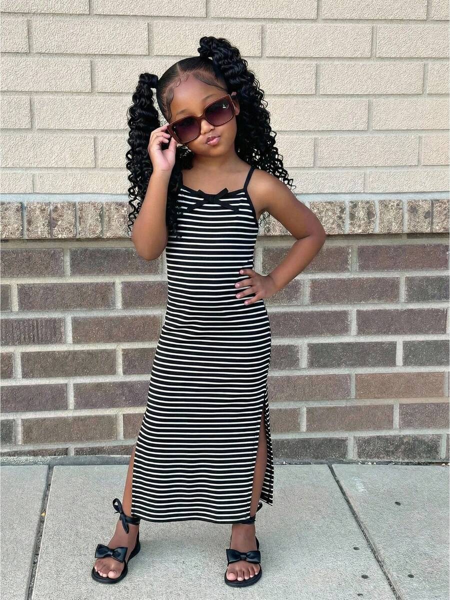 Young Girl's Fashionable & Cute Minimalist Black & White Striped Patchwork Fitted Long Camisole Dress, Summer - Black and White - View 1