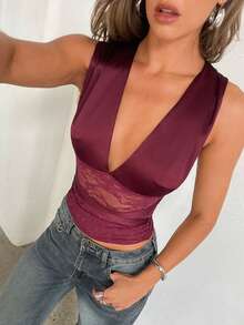 Aloruh 女士夏季新款优雅性感时尚浪漫约会婚礼休闲缎面蕾丝拼接T恤，酒红色 - 酒紅色 - 查看 6