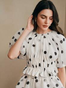 Anewsta Spring/Summer New Retro Black & White Polka Dot Print Party Puff Sleeve Crop Top + High Waist A-Line Peplum Skirt Women 2-Piece Set - Black and White - View 5