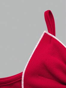 SHEIN 纹理面料吊带连体裤，法式蝴蝶结设计，小众优雅时尚垂坠修身直筒连体裤，适合春夏穿着 - 紅色 - 查看 4