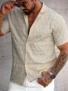 Manfinity Homme Camisa de manga corta con textura floral y un solo abotonado para hombres - Caqui - Ver 4