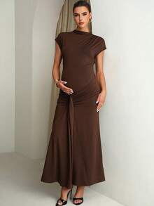 MaterniChic Đầm bầu màu trơn, tay xếp ly, ôm dáng, thanh lịch - màu nâu - Xem 4