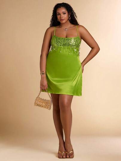 SHEIN BAE Plus Size Women Sequin Tassel Design Casual Party Slip Dress