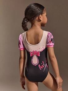 Young Girl Puff Sleeve Gymnastics Leotard,Baby Pink,Summer,Gym,Cute Panda & Bow Print,Rhythmic Gymnastics Sportswear,School Dance Competition Bodysuit - Hot Pink - View 2