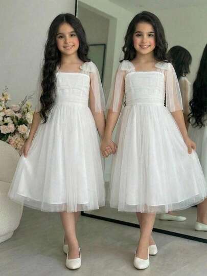 Pitira Tween Girls White Solid Color Spaghetti Strap Backless Bow Tie Waist Flared Skirt Party Dress, Princess Dress, Suitable For Flower Girl, Wedding Season, Valentine's Day, Parties, Birthday, Chinese New Year