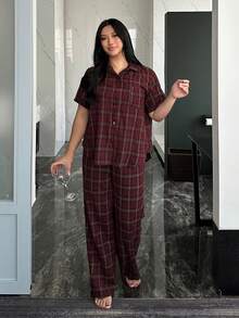 Dazy Plus 2pcs Casual Plaid Pajama Set, Loose Fit Short Sleeve Top And Straight Leg Pants, Spring/Summer Sleepwear - Red - View 7