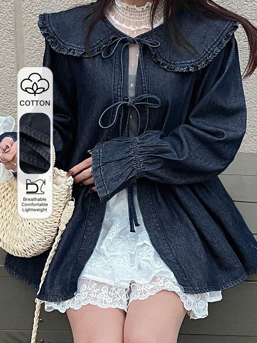 FRIFUL Áo sơ mi denim nữ tay dài cổ Peter Pan buộc dây, kiểu dáng thường ngày, thích hợp cho mùa thu. - Màu xanh lam - View 1