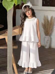 Serisse Kids Tween Girl Fashionable Elegant Round Neck Sleeveless Top And Wide Leg Pants Set - Apricot - View 2