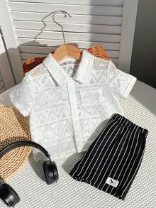 SHEIN 2pcs/Set Baby Boy Toddler Casual Vacation Style Polo Collar Shirt And Black Striped Shorts Set, Spring/Summer Baby Boy Clothes, Outfit Set - White - View 5