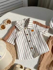 SHEIN 男女宝宝休闲可爱条纹短袖衬衫上衣，婴儿衬衫 - 杏色 - 查看 3